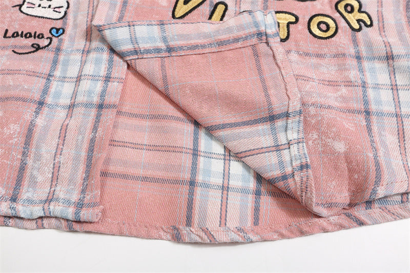 Retro fun cartoon embroidered plaid shirt