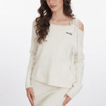 復古寬鬆一字領飄帶毛衣(女款)