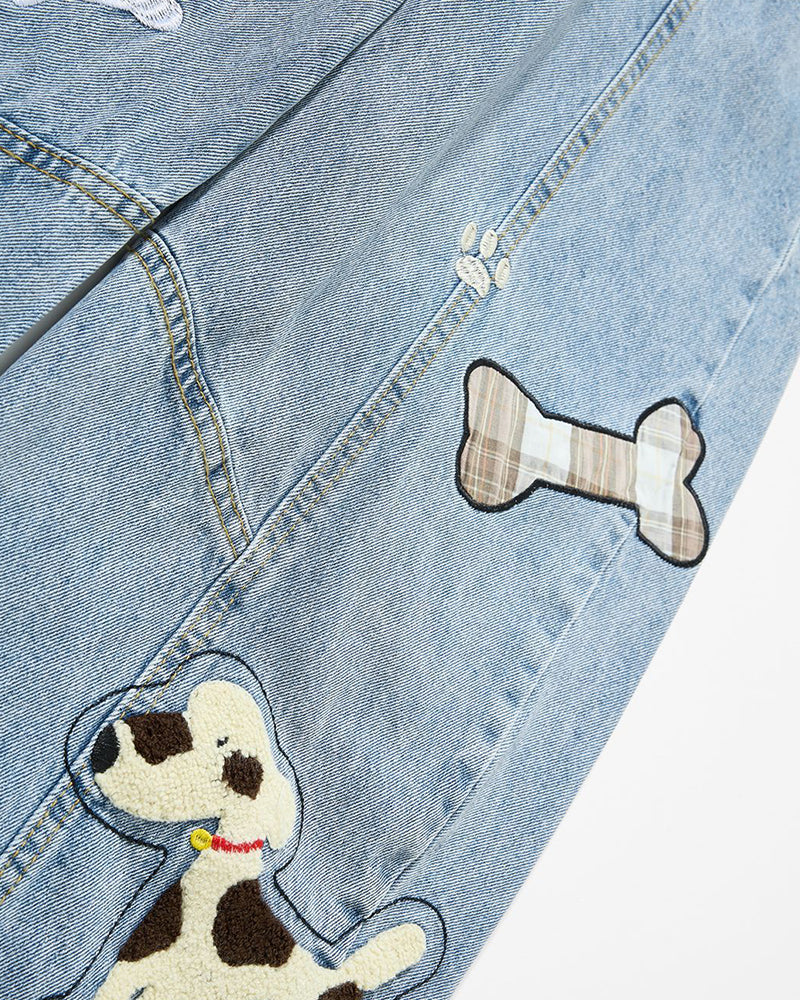 復古拼接小狗長褲