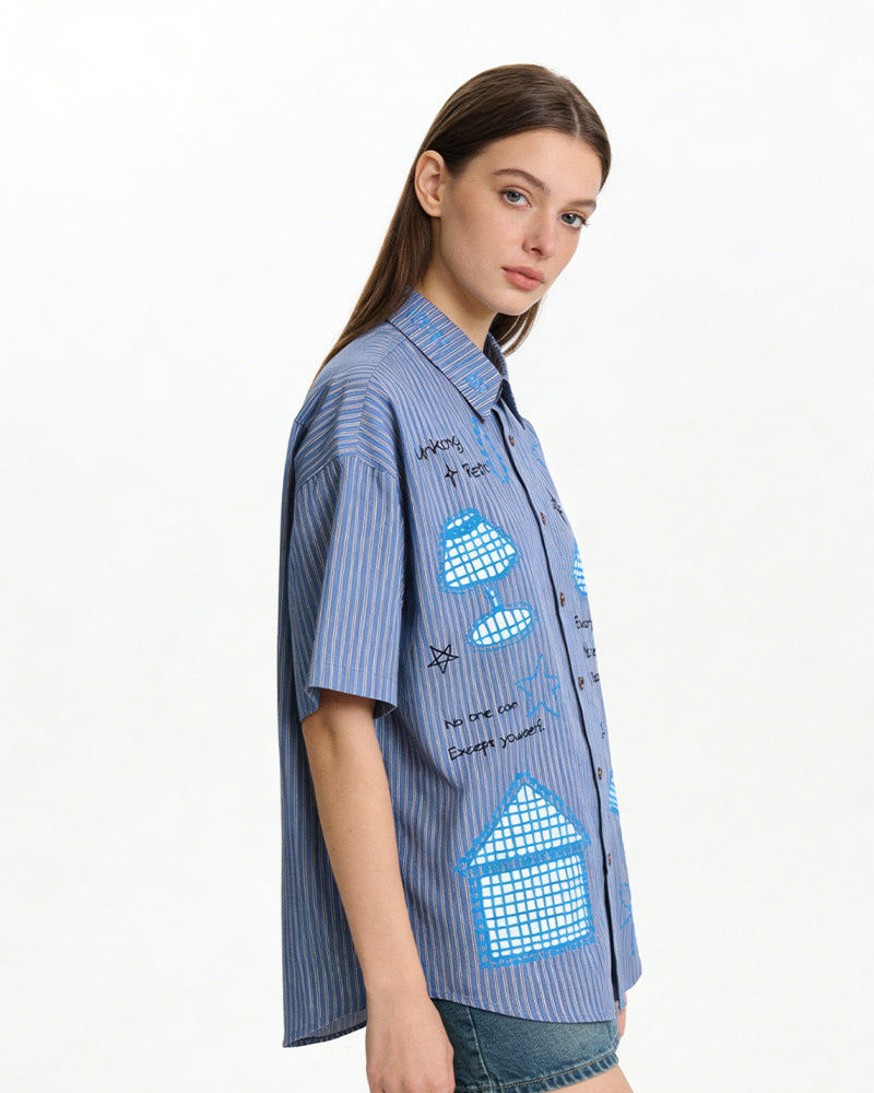 復古刺綉短袖襯衫