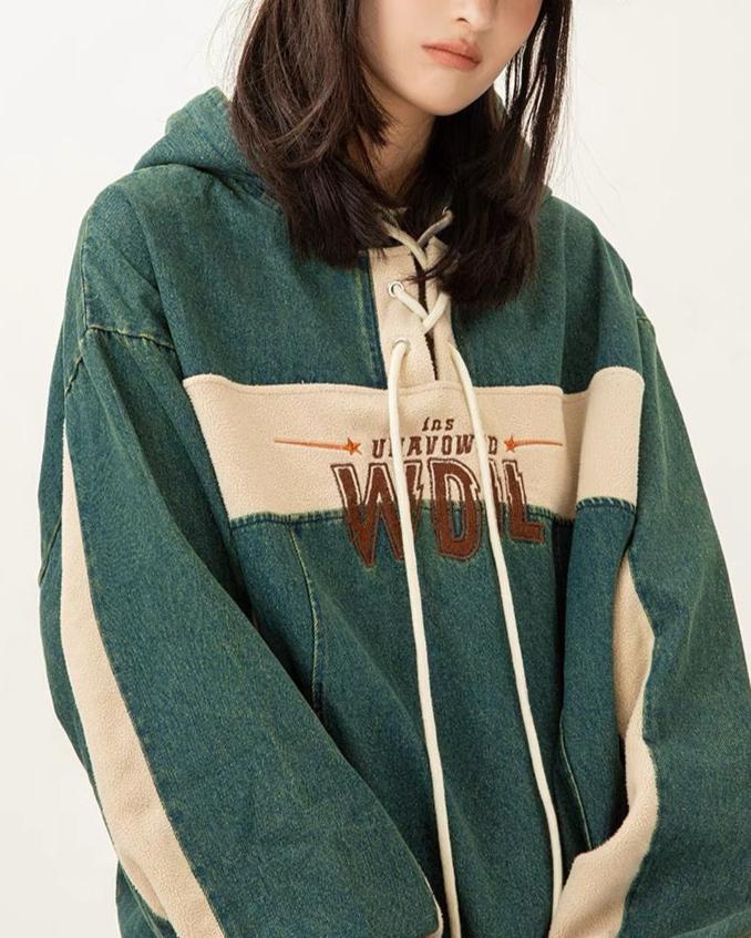 Retro washed patchwork distressed hooded sweatshirt