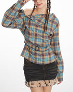 Slant collar plaid waist top (women's)