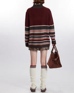 復古撞色條紋圓領針織衫