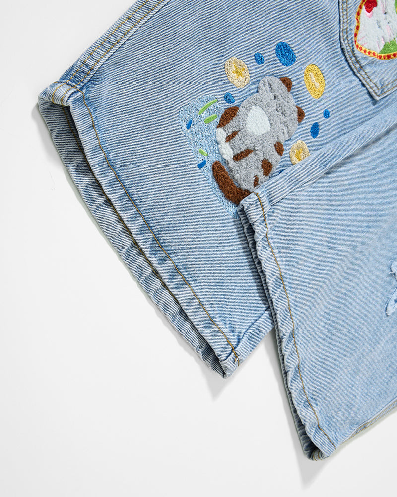 復古趣味刺綉牛仔褲