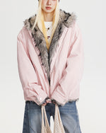 Hooded cotton-padded jacket with fur collar