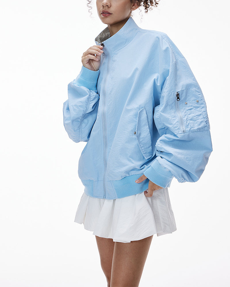 Casual stand-up collar plaid color-blocked baseball jacket