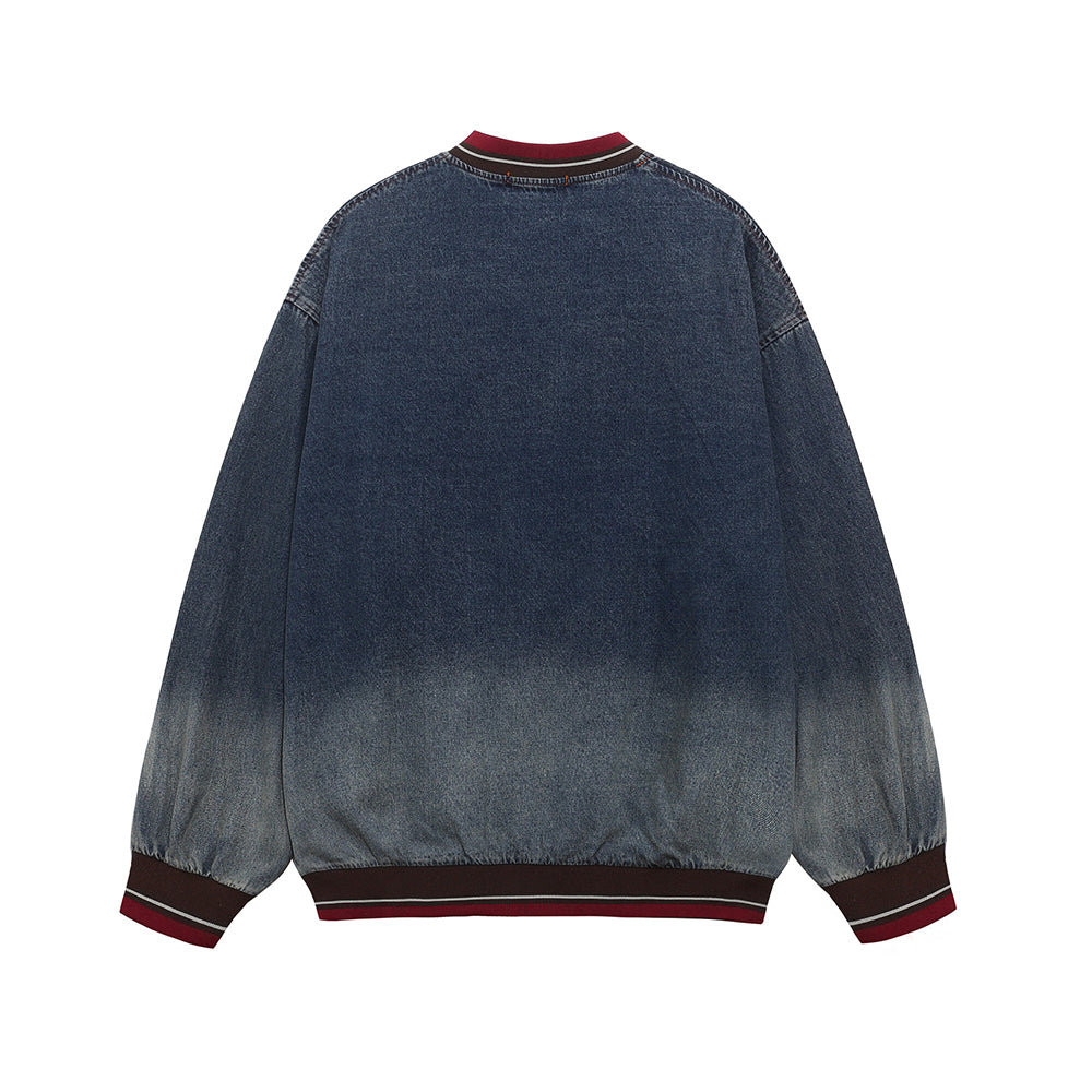 Color-blocked leopard print denim sweatshirt