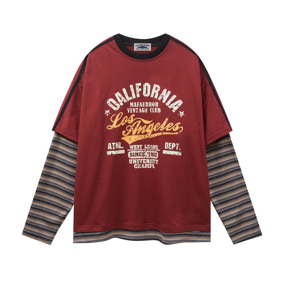 Retro contrast color casual fake two-piece long sleeves