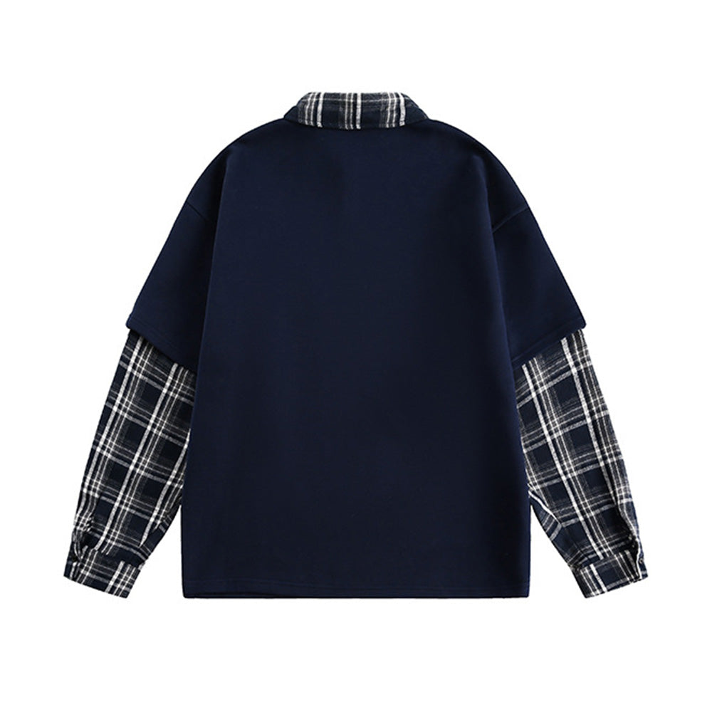 Fake two-piece color-blocked plaid sweatshirt