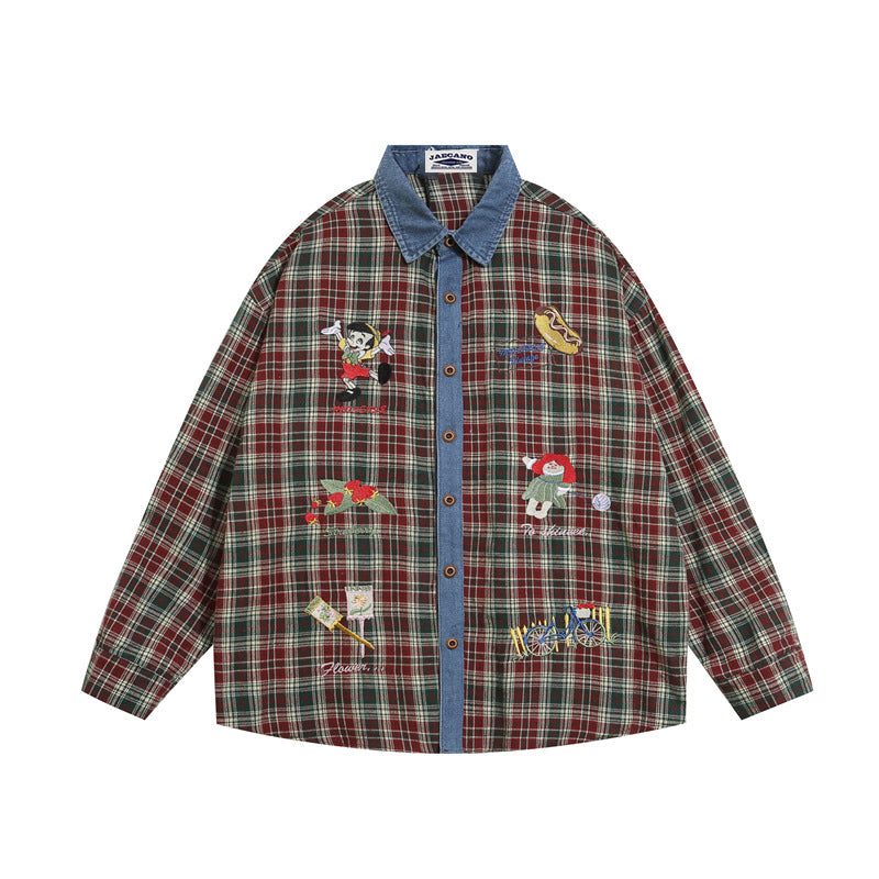 vintage plaid embroidered denim shirt