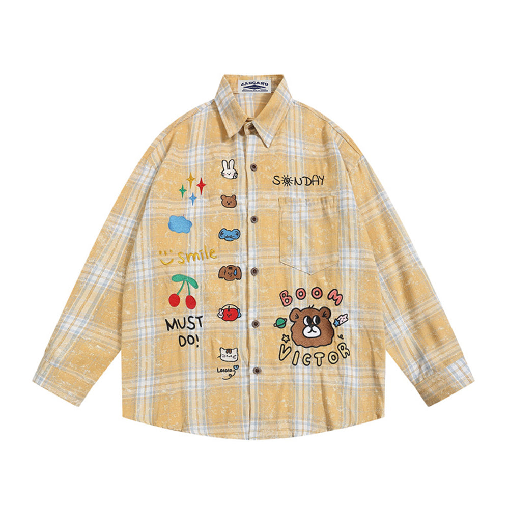 Retro fun cartoon embroidered plaid shirt