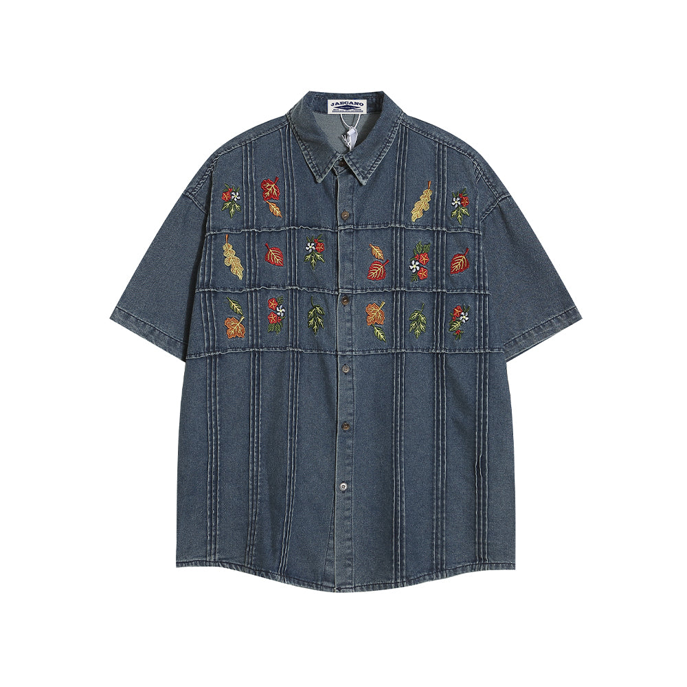 vintage leaf embroidered denim shirt