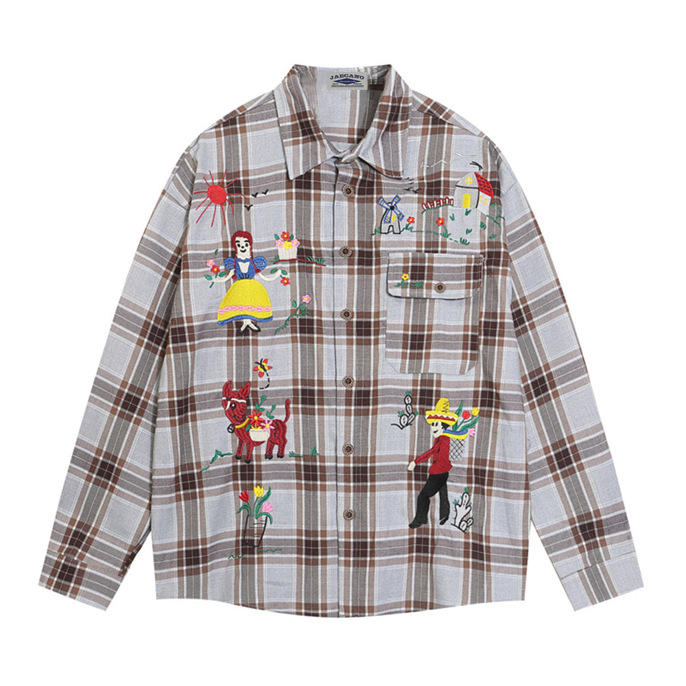 Fun cartoon embroidered plaid shirt