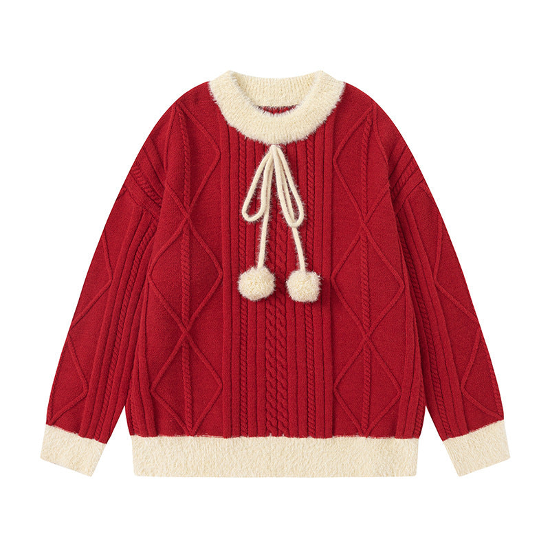 Retro crew neck sweater with fur ball