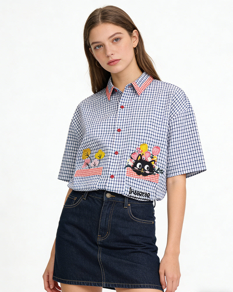 格紋貓咪短袖襯衫