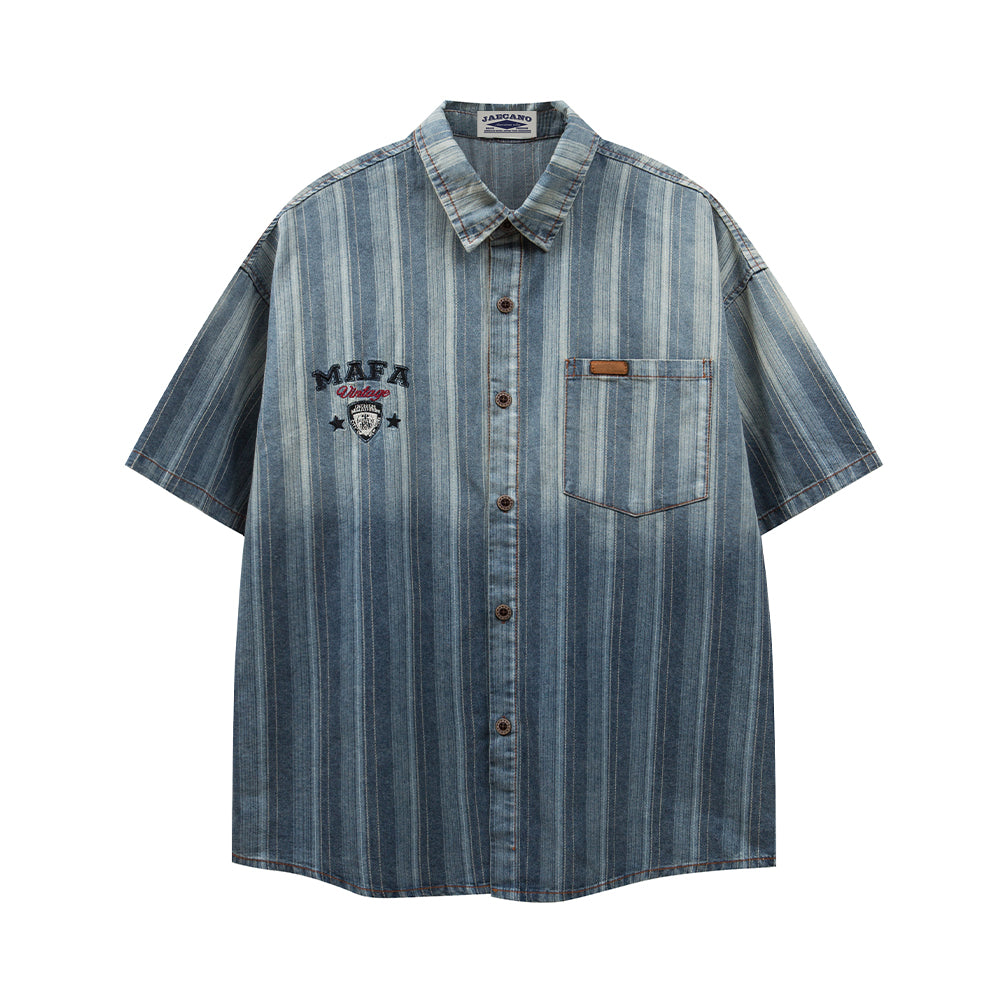 Vertical striped gradient denim short-sleeved shirt