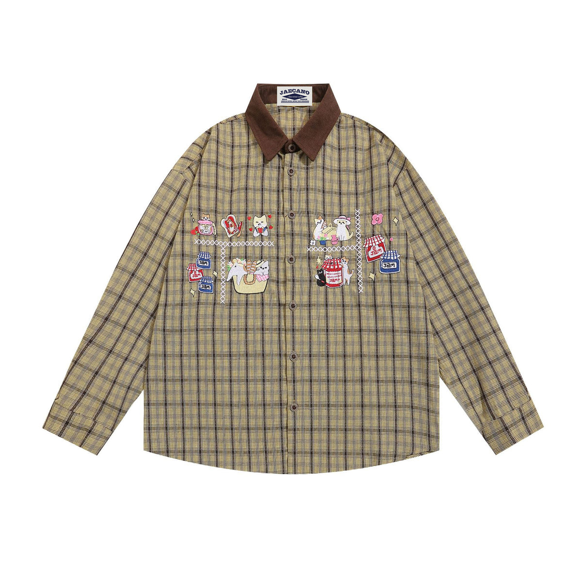 retro cartoon embroidered plaid shirt