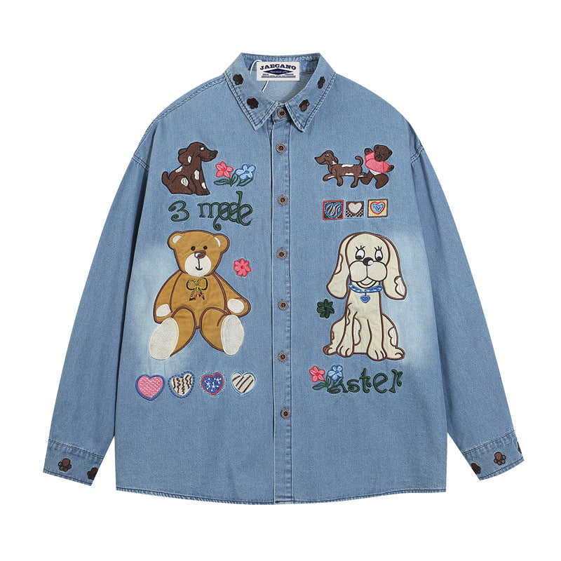 Fun cartoon embroidered denim shirt