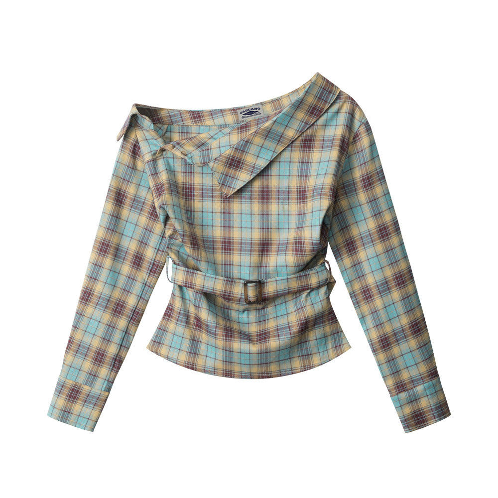 Slant collar plaid waist top (women's)