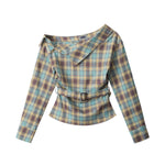 Slant collar plaid waist top (women's)