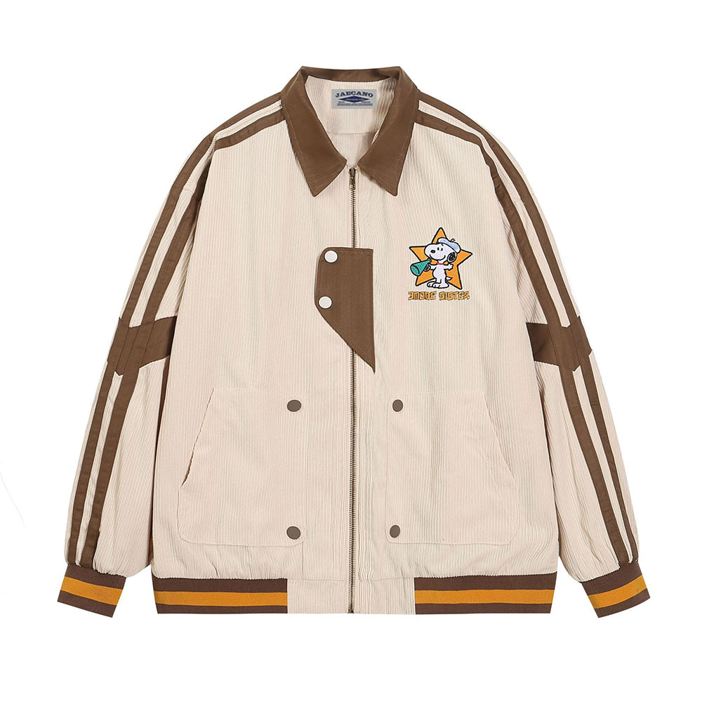 Contrast color stitching cartoon embroidery couple jacket