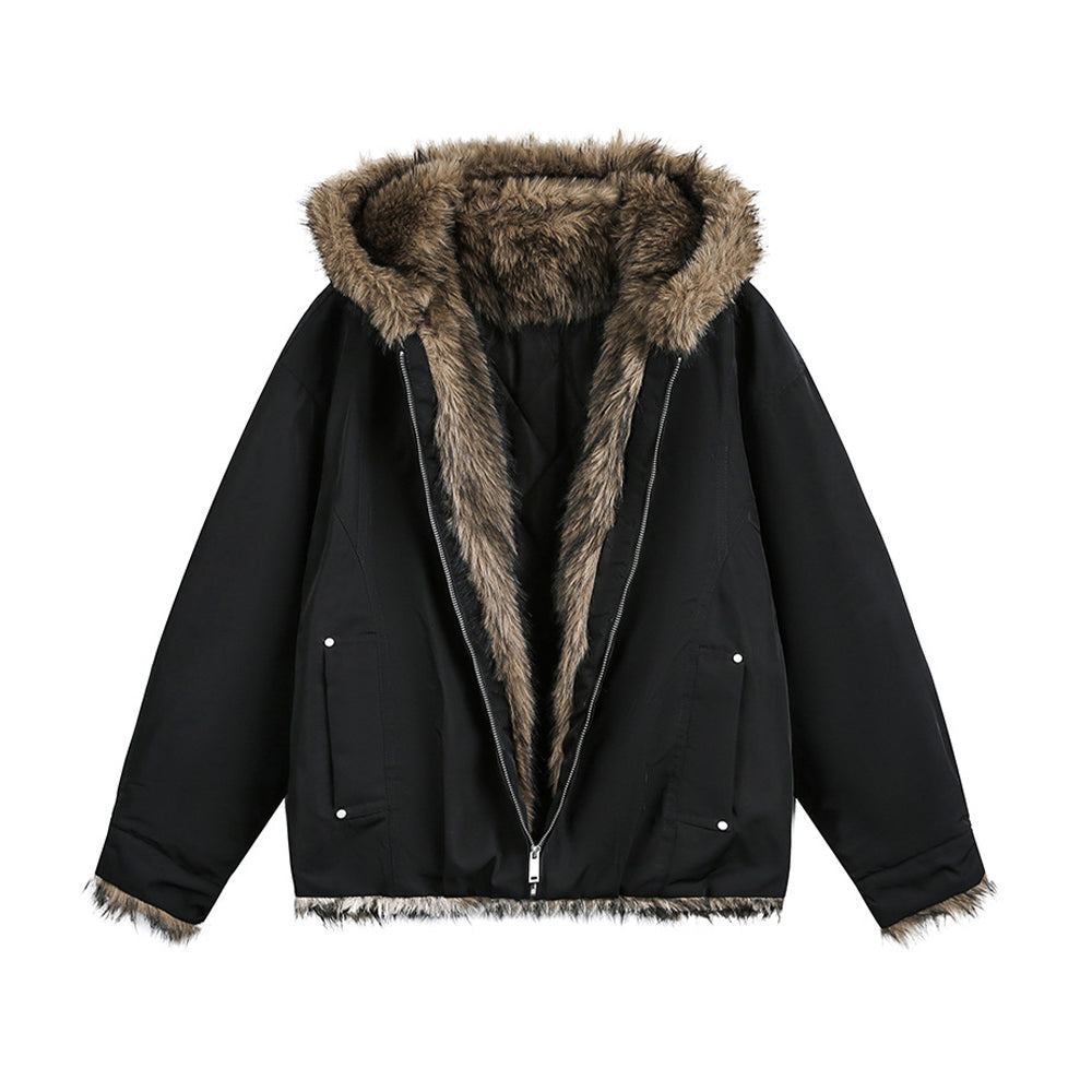 Hooded cotton-padded jacket with fur collar
