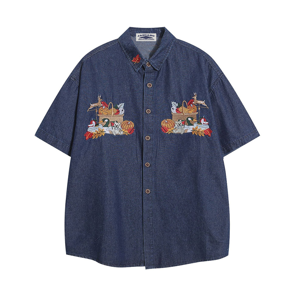 Retro cartoon embroidered denim shirt 