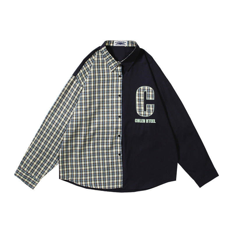 patchwork contrast letter embroidered shirt