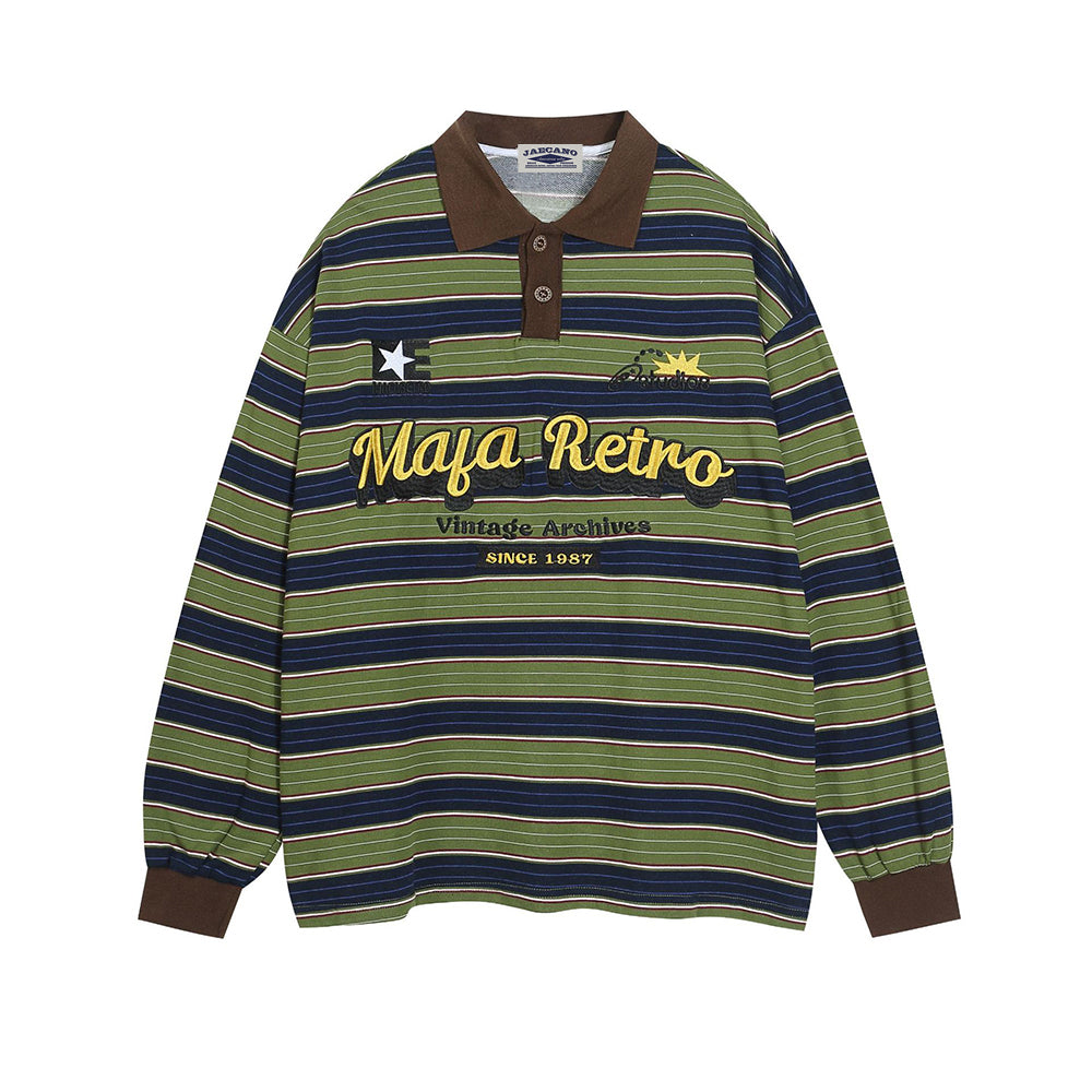 Retro contrast striped polo long sleeves