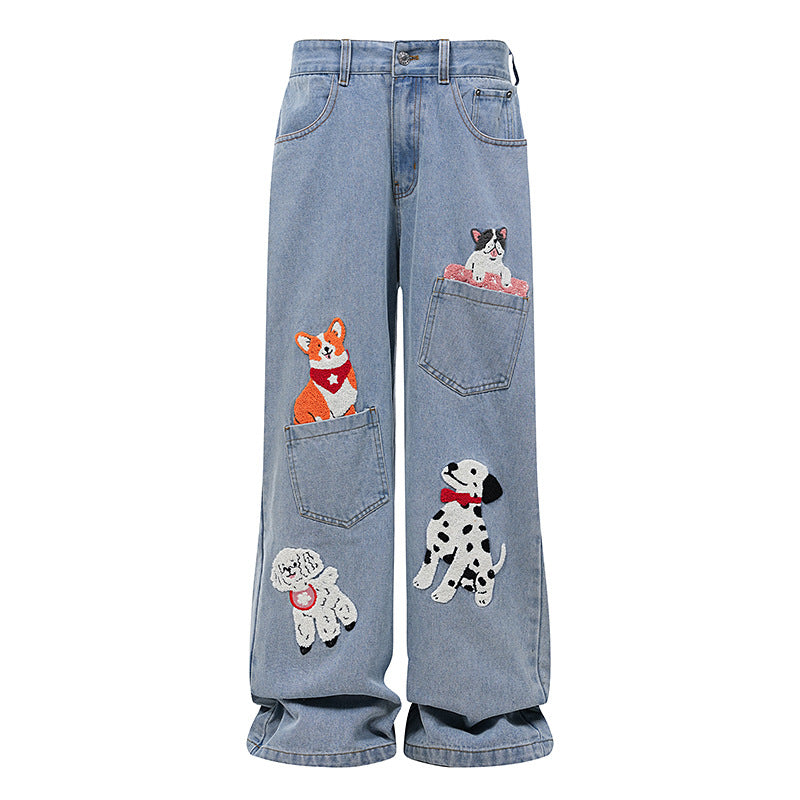 Cute patterned loose denim trousers