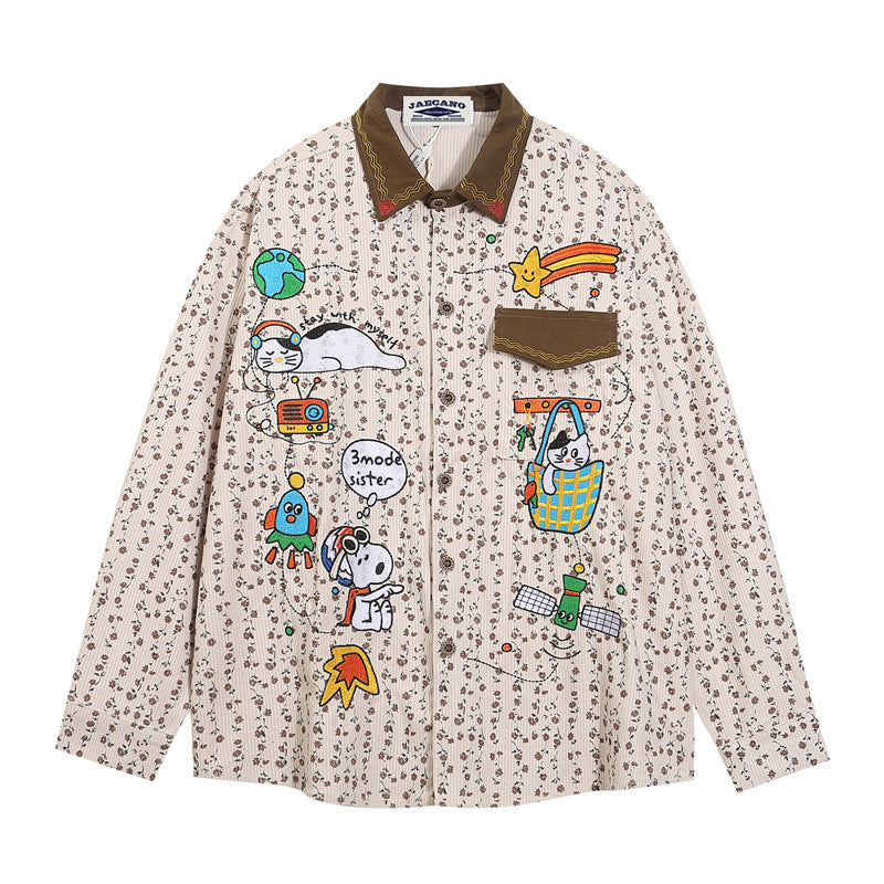 Retro contrasting cartoon embroidered shirt