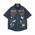 Retro contrast color cartoon short sleeve shirt