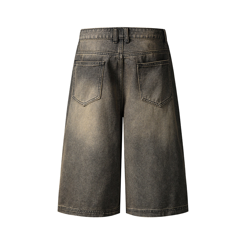 Washed panel denim shorts
