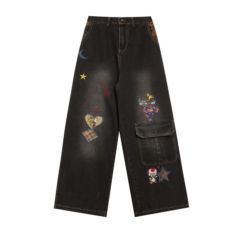 Retro cartoon embroidered washed denim trousers