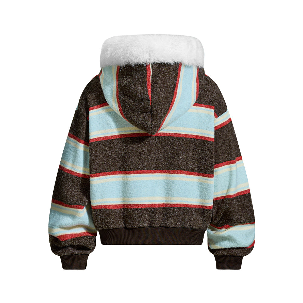 Fur-trimmed hooded color-blocked coat