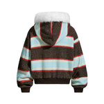 Fur-trimmed hooded color-blocked coat