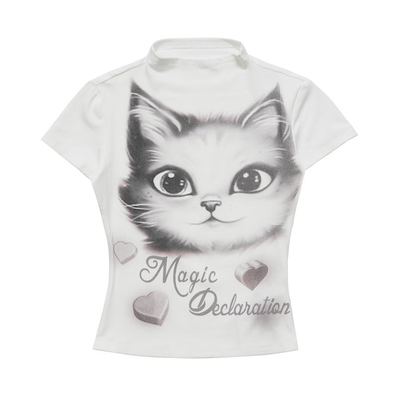 Cat print half turtleneck short sleeves (women's)