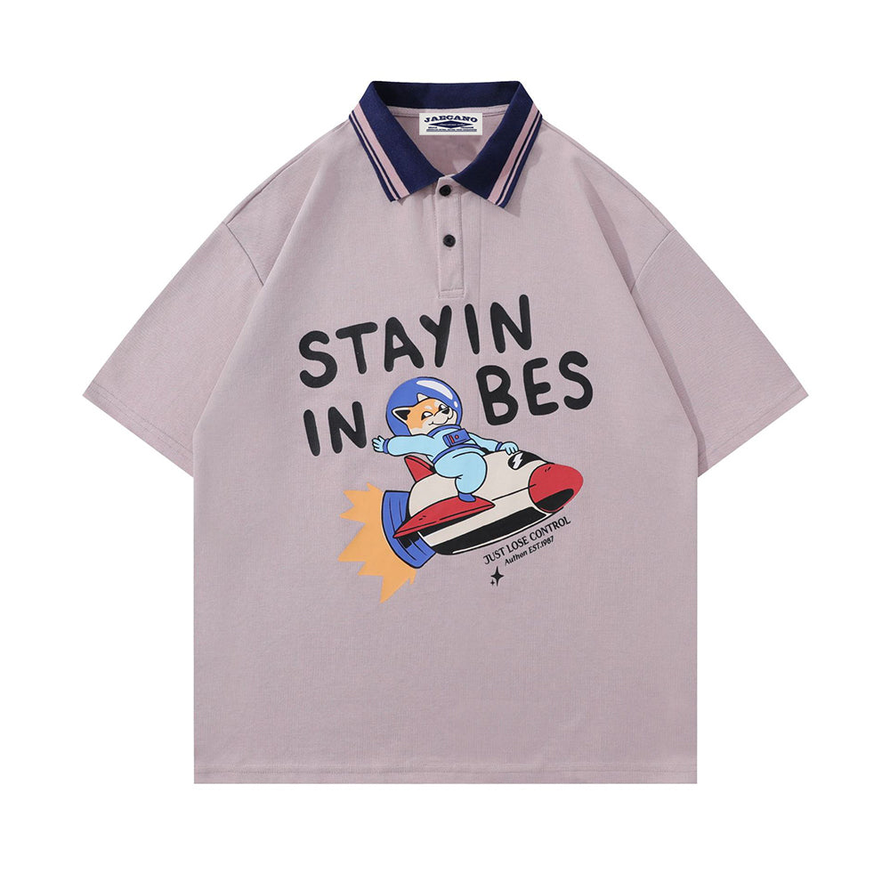 American retro loose printed polo short sleeves