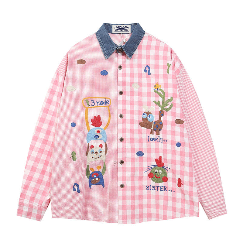 Fun cartoon embroidery patchwork plaid shirt