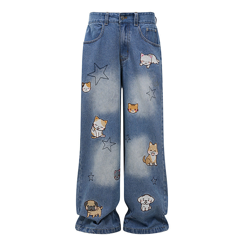 Retro cute embroidered denim trousers