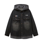 레트로 체크 무늬 패치워크 페이크 투피스 데님 재킷