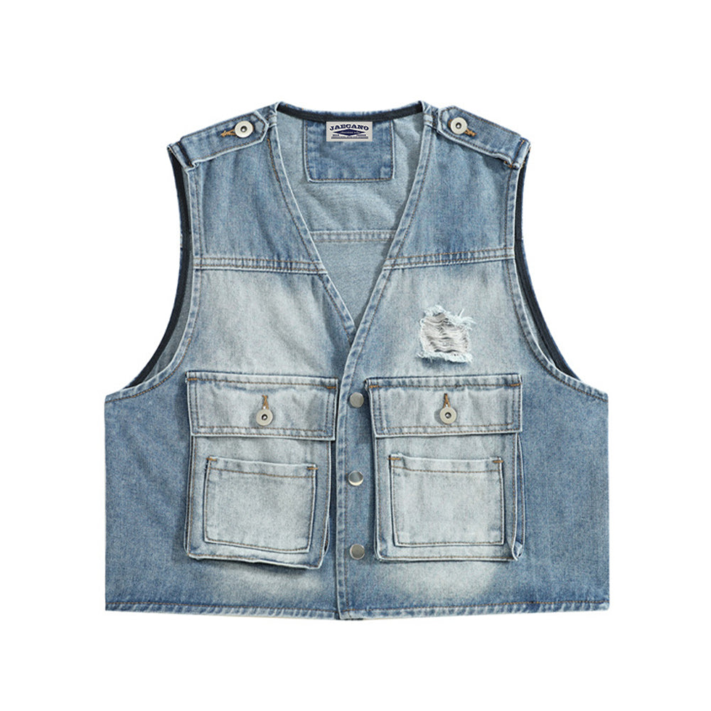 Retro distressed denim vest