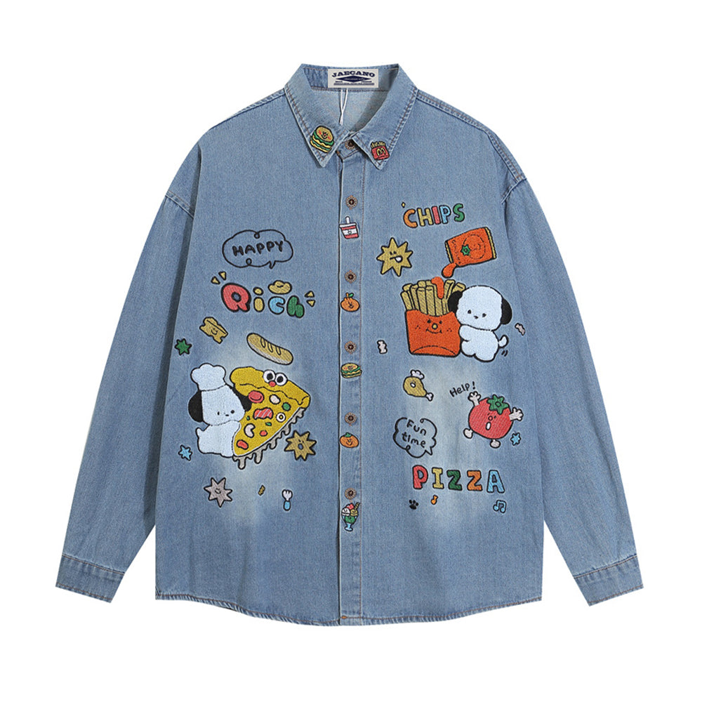 Retro fun cartoon embroidered denim shirt