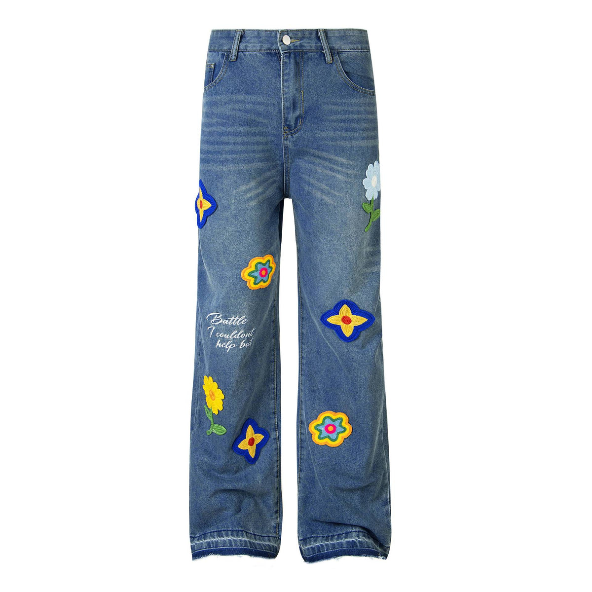 Retro creative embroidered straight denim trousers