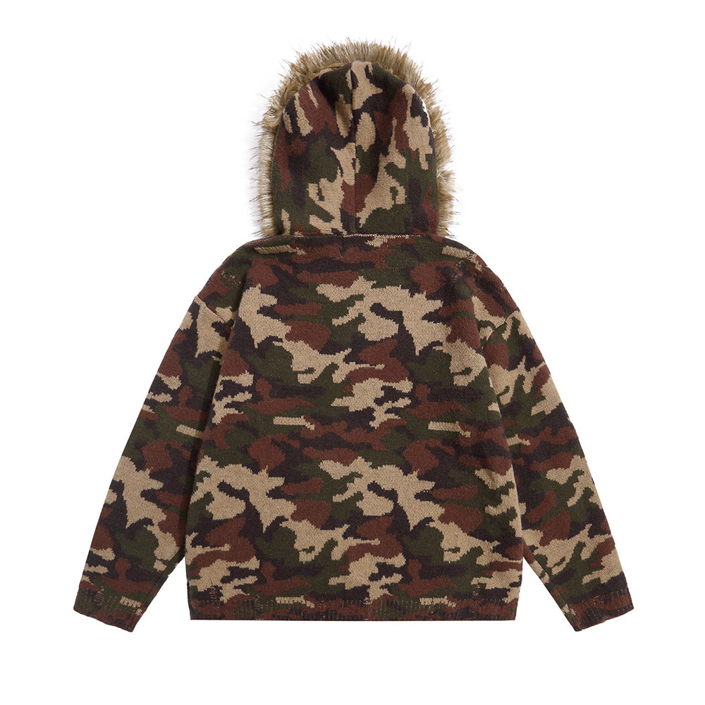 camouflage hooded knit cardigan with fur collar