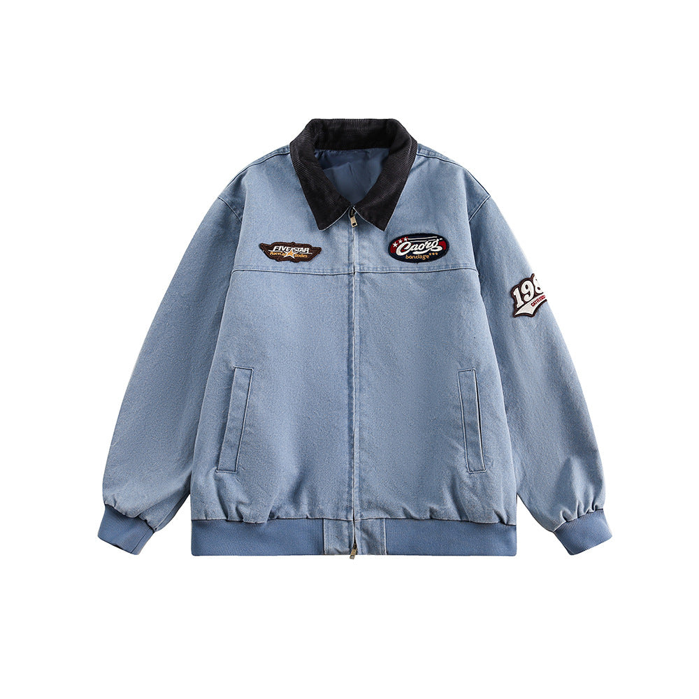 Washed color block lapel denim jacket