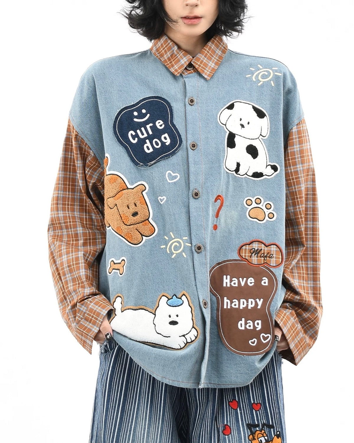 패치워크 강아지 자수 긴팔 셔츠