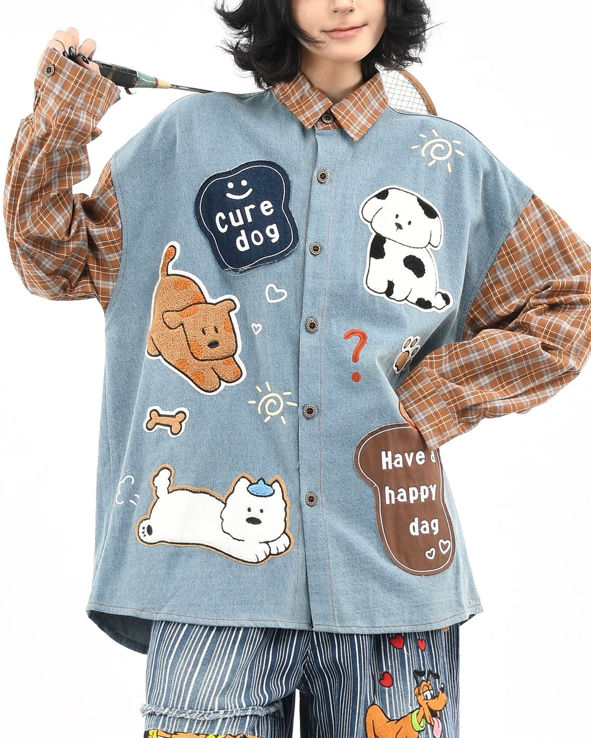 패치워크 강아지 자수 긴팔 셔츠