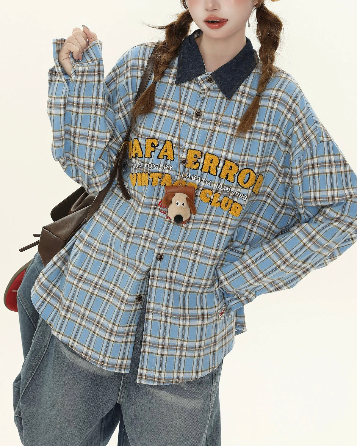 컬러블록 플레드 자수 셔츠