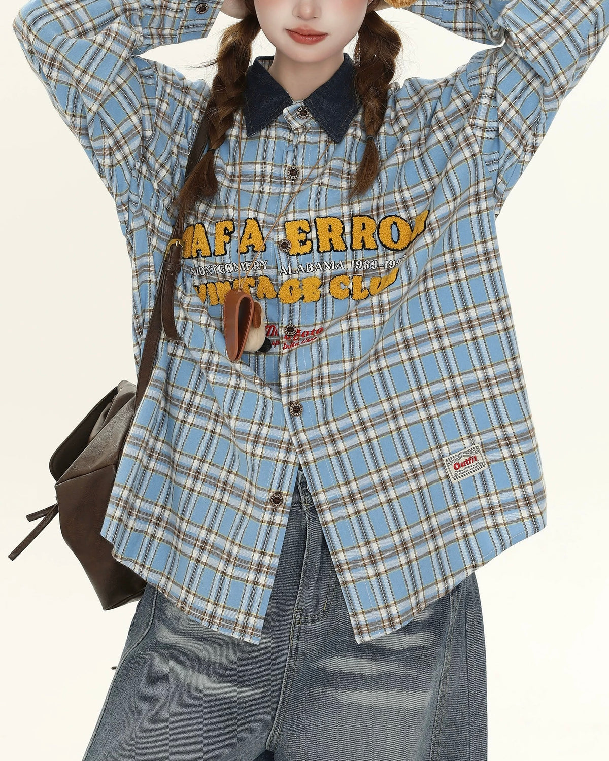 컬러블록 플레드 자수 셔츠